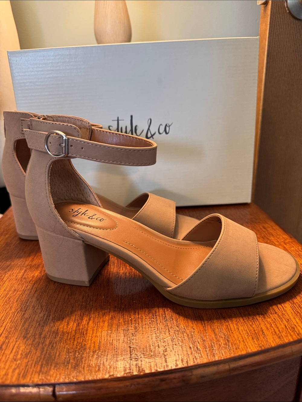 Style & Co. Taupe Ankle-Strap Block Heel Sandals NEW WITH BOX, Never worn